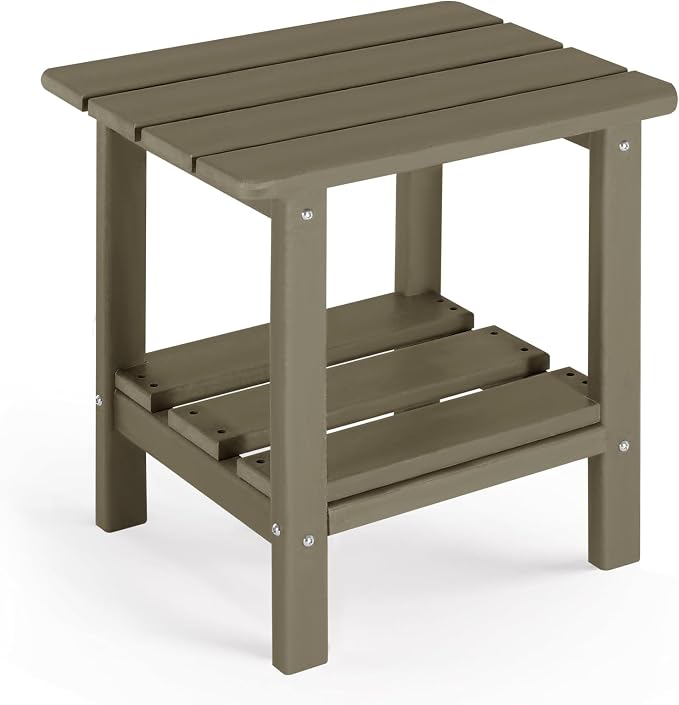 Adirondack Outdoor Side Table, 2-Tier Small Patio End Table, Weather Resistant HDPE Outdoor End Tables for Garden, Lawn, Pool, Beach, Porch, Deck, Backyard - Square, Light Brown