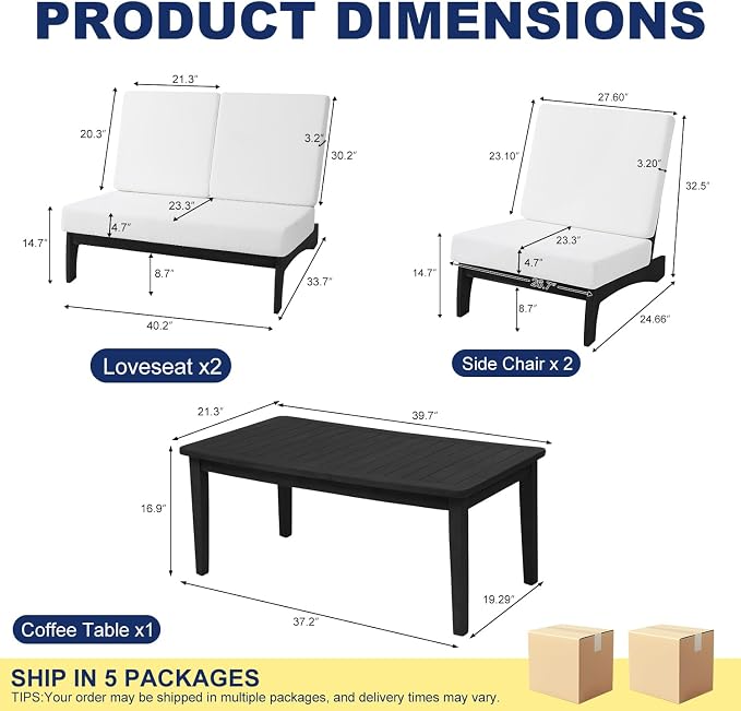 Pia Ricoo 4 Piece Patio Furniture Sets, Outdoor Loveseat Sofa Set with 2 Chairs & Coffee Table, Patio Conversation Set for Backyard, Deck, Lawn, Beige, Dark Wood