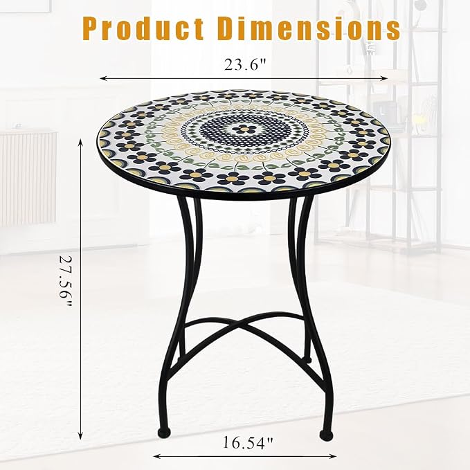 23.6" Outdoor Patio Mosaic Round Table Garden Bistro Accent Table | Ceramic Tile Waterptoof Side End Table Metal Frame Dining Table Furniture for Balcony Backyard Porch Poolside Terrace