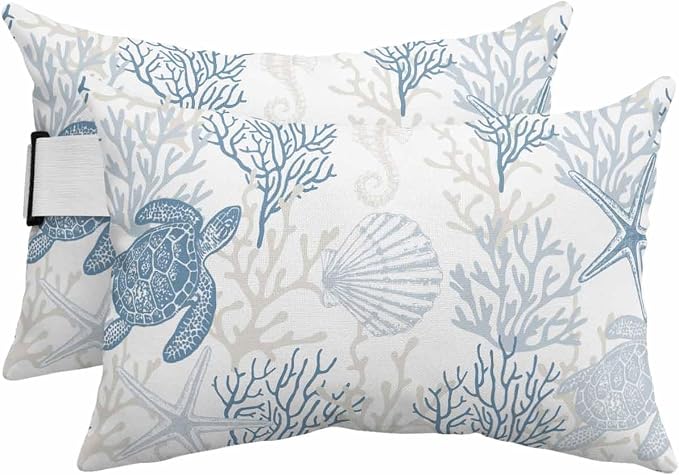 Lumbar Pillow Covers Set of 4, Blue Grey Coastal Waterproof Outdoor Chaise Lounge Pillow Covers with Elastic Strap, Sea Turtle Nautical Coral Summer Beach Headrest Pillowcase for Patio, 12 x 20