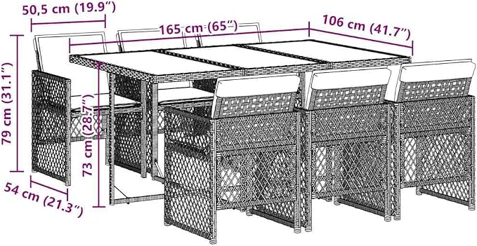 7-Piece Garden Dining Set with Cream White Cushions, Black Poly Rattan Medium Foldable Chairs, Tempered Glass Table for Outdoor Patio