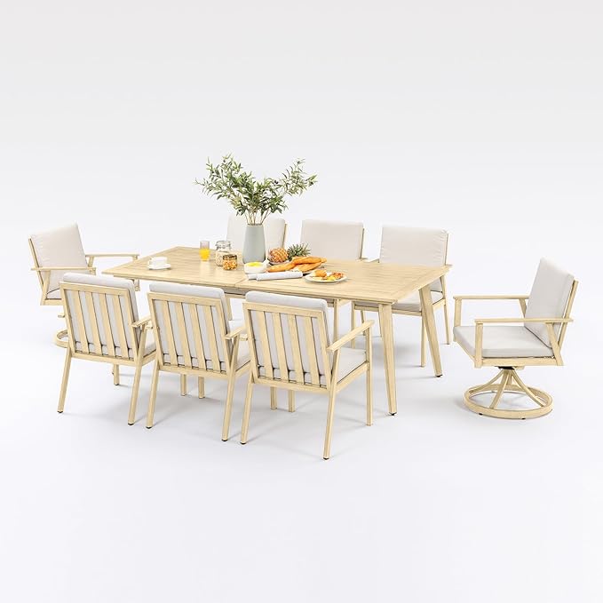 9 Pieces Outdoor Dining Set for 8, Never-Rust Aluminum Patio Dining Set with 2.2" Umbrella Hole, Outdoor Patio Furniture Set with 2 Swivel Chairs for Decks, Garden, Backyard, Maple Wood