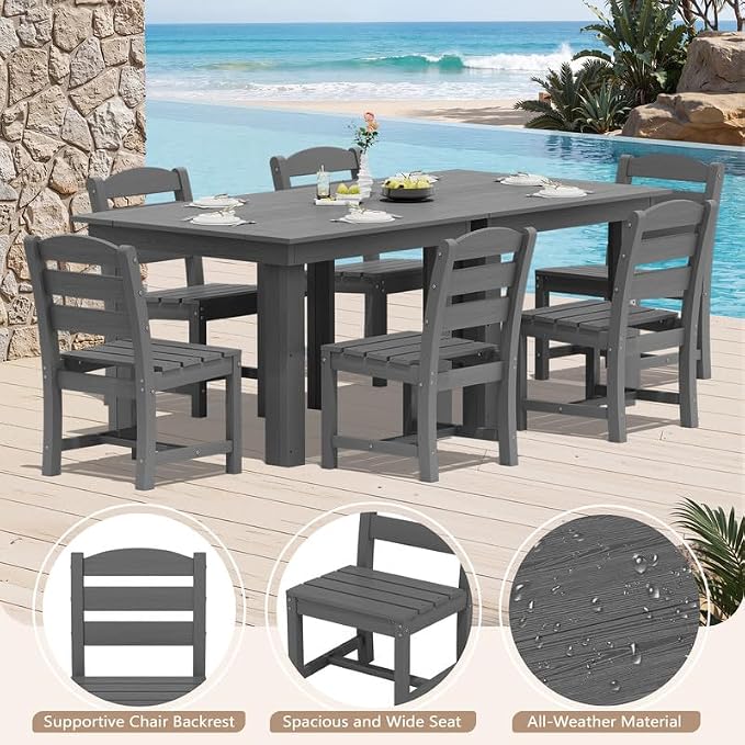 KINGYES 8-Piece HDPE Outdoor Dining Set for 6, Square Patio Table & Armless Chairs with Umbrella Hole, All-Weather Patio Dining Set for Backyard, Garden, Lawn & Poolside, Gray