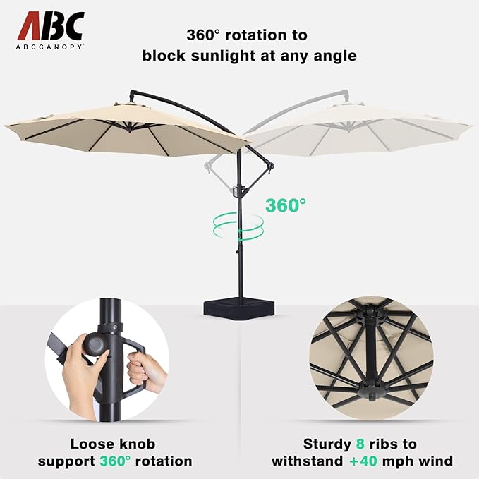 ABCCANOPY 10FT Cantilever Patio Umbrella with base included, 360° Rotation Outdoor Offset Umbrella Bonus Fix Frame & Weights Bag for Backyard, Deck, Poolside (Light Beige)