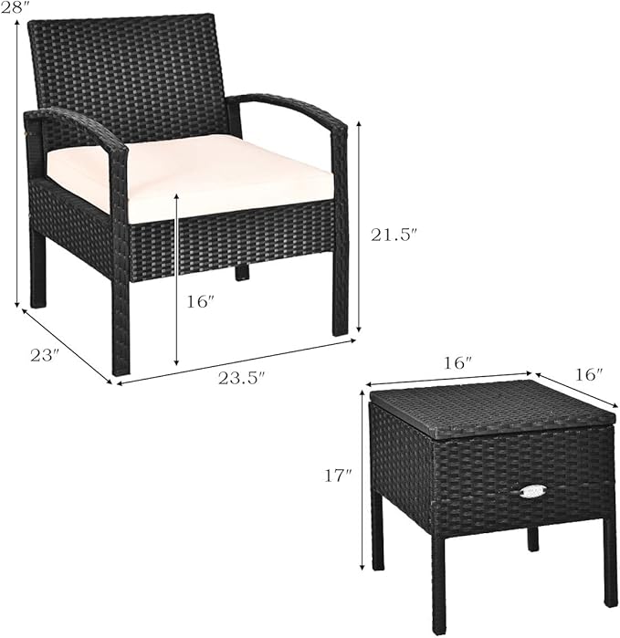 Tangkula 3 Piece Patio Wicker Conversation Set, Outdoor Rattan Furniture with Washable Thick Cushion & Coffee Table w/Storage Space, Patio Furniture Set for Backyard Porch Garden Poolside (White)