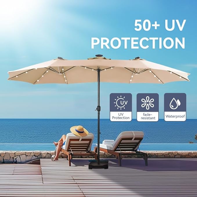 GREEN PARTY 15 ft Large Outdoor Patio Umbrella with Solar Led Lights & Base Included, Double-Sided Rectangular Table Umbrella with Stand, Market Umbrellas for Deck Poolside Garden Backyard, Beige