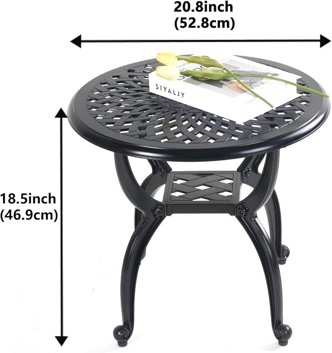 Round Outdoor Coffee Table Set of 2, Cast Aluminum Side Table with Storage,Indoor End Table, All-Weather Bistro Table for Patio Garden Lawn, Black