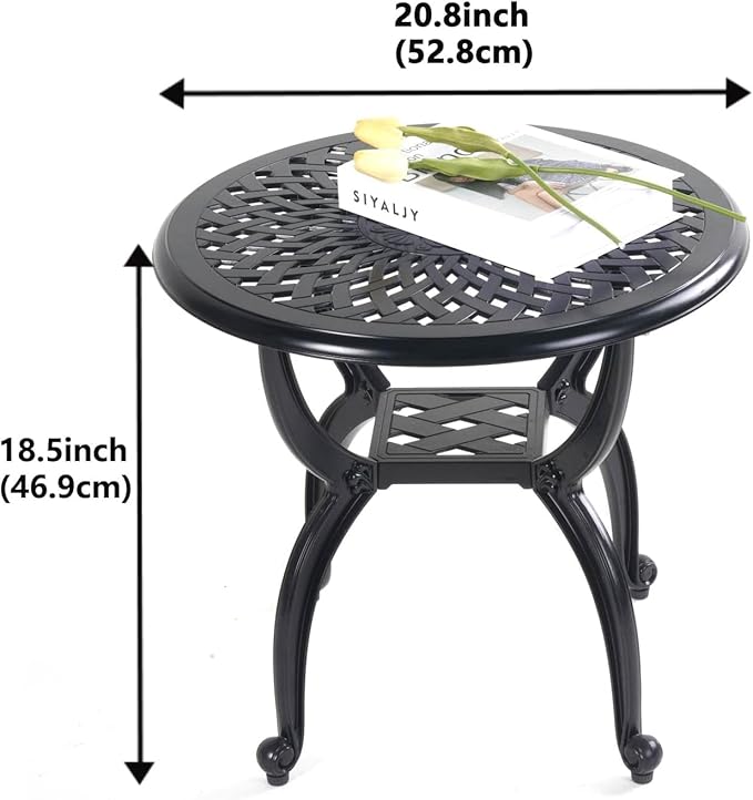 Round Outdoor Coffee Table, Cast Aluminum Side Table with Storage,Indoor End Table, All-Weather Bistro Table for Patio Garden Lawn,Black