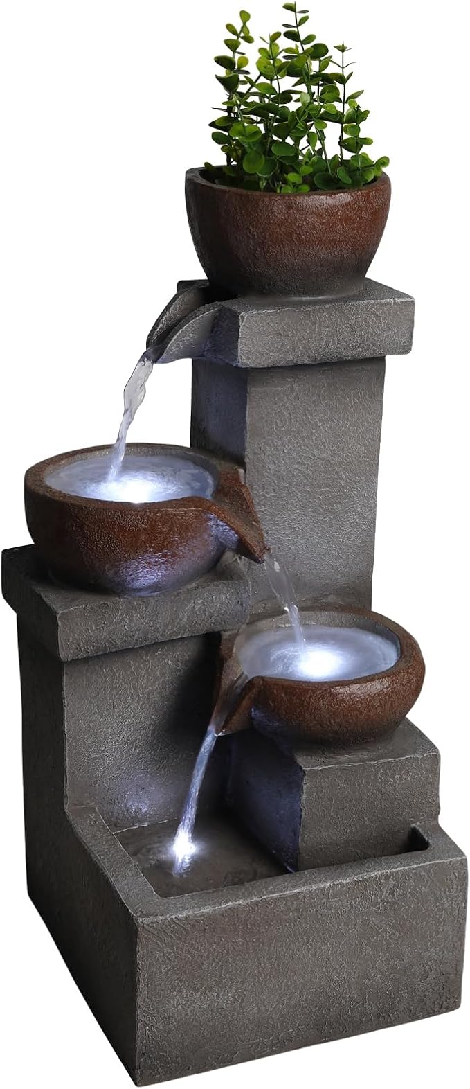 23.6" H Modern 3-Bowl Outdoor Water Fountain with LED Lights and Pump, Floor Standing Waterfall Feature Outdoor Garden Fountain for Garden, Porch, Patio and Backyard Decor