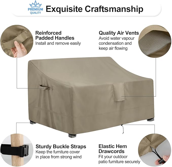 OutdoorLines Outdoor Waterproof Patio Loveseat Couch Cover - UV Resistant Patio Sofa Furniture Covers Weatherproof Heavy Duty Glider Covers for Outdoor Furniture, 58Wx32.5Dx31H Inches, Camel