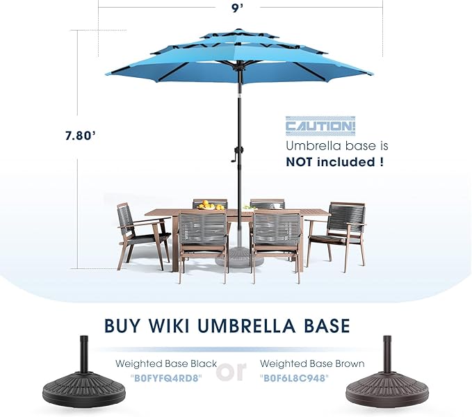 wikiwiki 9ft 3-Tier Patio Umbrella Outdoor Table Market Umbrella for Patio with Push Button Tilt/Crank, Fade Resistant Waterproof POLYESTER Canopy for Garden, Lawn, Deck, Backyard & Pool, Sky Blue
