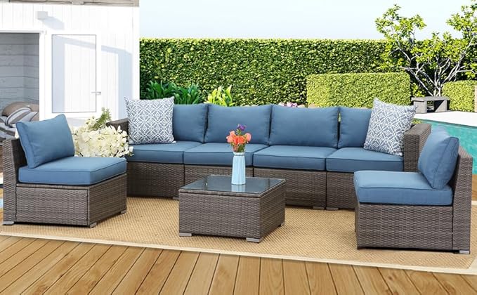 Wisteria Lane 7 Piece Patio Furniture Sets,All Weather Outdoor Sectional Patio Sofa Manual Weaving Wicker Patio Seating Rattan Sofas with Glass Table,Blue