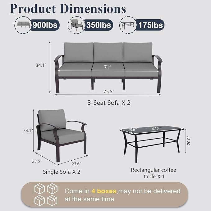 ALAULM Aluminum Patio Furniture Set with Coffee Table Rectangular, 8-seat Outdoor Sectional Furniture w/5.1" Cushions, Patio Conversation Set for Porch, Backyard, Poolside-Grey