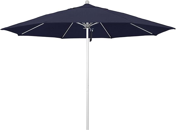 California Umbrella 11Ft Commercial Grade Market Umbrella, Pulley Lift, Aluminum/Fiberglass, 2mm pole wall, Silver Frame, Solution Dyed Navy Fabric