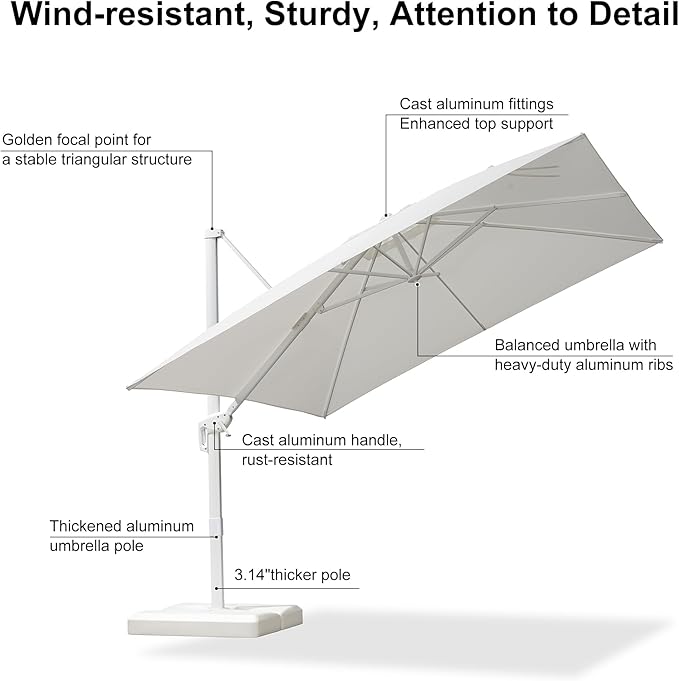 PURPLE LEAF 10 FT Patio Umbrella With Base White Cantilever Umbrella Square Outdoor Offset Umbrella Windproof with 360° Rotation for Garden Deck Pool, White