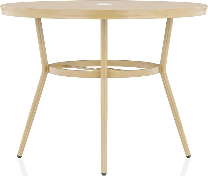 24/7 Shop at Home Cato Modern Aluminum 40 in. Outdoor Round Bistro Table with Umbrella Hole for Outdoor Kitchen, Patio, Pool Area, Natural Brown