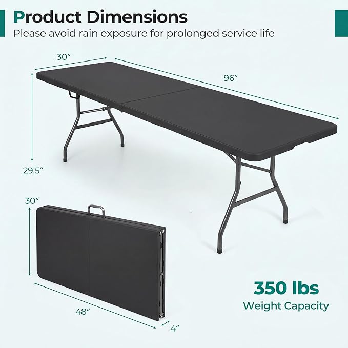 Goplus 8ft Plastic Folding Table, 350 LBS Outdoor Heavy Duty Folding Tables with HDPE Tabletop, Handle, Lock, Foldable Rectangle Portable Utility Card Table for Picnic, Party, Camping, Dining