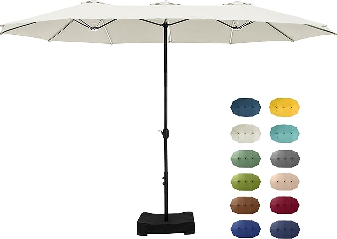 GREEN PARTY 15 ft Rectangular Patio Umbrella with Base Included, Large Double-Sided Outdoor Table Umbrella with Crank, 1.9" Pole UPF 50+ UV Resistant for Pool Deck Backyard Garden, Ivory
