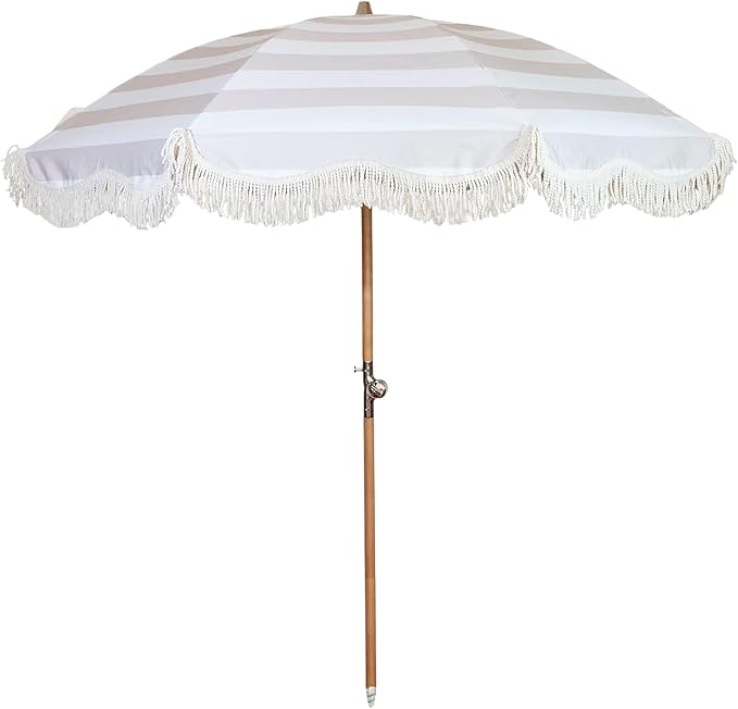 Beach Umbrella for Sand with Fringe – Luxury Boho Outdoor Umbrella for Beach, Pool, Garden, UPF 50+ Wood Shaft Metal Fittings Round with Carry Bag From