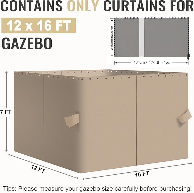 COWVIE 4-Panel 12' x 16' Gazebo Replacement Curtains, Patio Privacy Sidewalls with Double Zipper, Replacement for Outdoor Gazebo Canopy (Curtain Only)