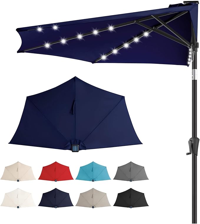 9ft Solar Half Umbrellas Outdoor - LED Half Patio Umbrella with 25 Lights, UV Protection Waterproof, Half Round Umbrella for Wall Balcony, Pool, Porch, Garden, Deck, Backyard, Navy Blue