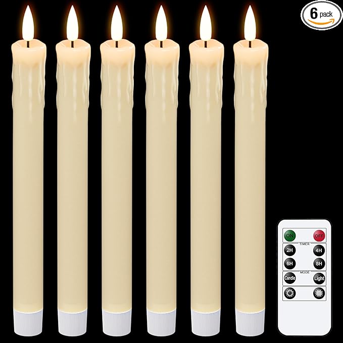 GenSwin Drip Wax Flameless Taper Candles Flickering with 10-Key Remote, Battery Operated Led Warm 3D Wick Light Window Candles Real Wax Pack of 6 Christmas Home Wedding Decor(Ivory, 0.78 X 9.64 Inch)