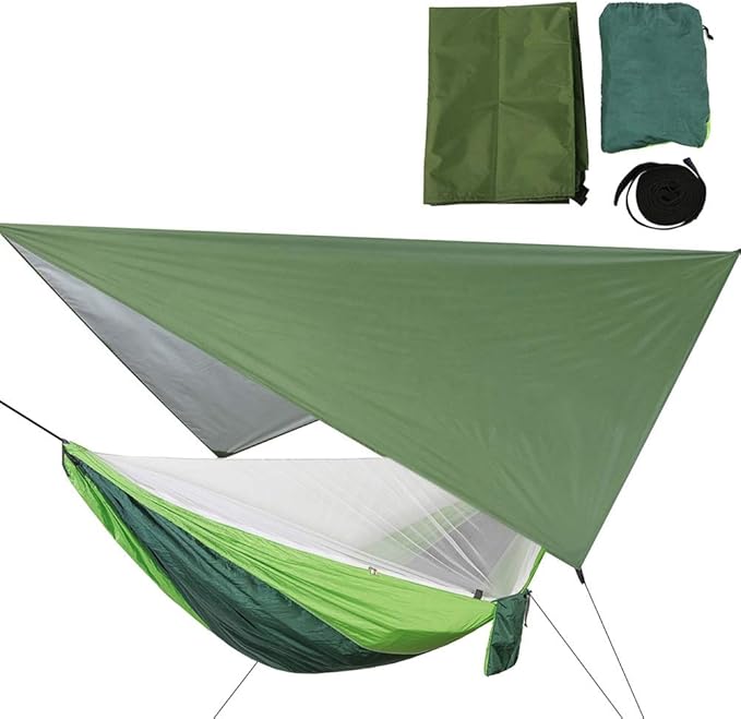 Portable Hanging Camping Hammock with Net Canopy Rain Cover, Outdoor Hammock for Courtyard Garden, 210T Nylon Fabric with Steel Buckle and Tree Rope, Lightweight