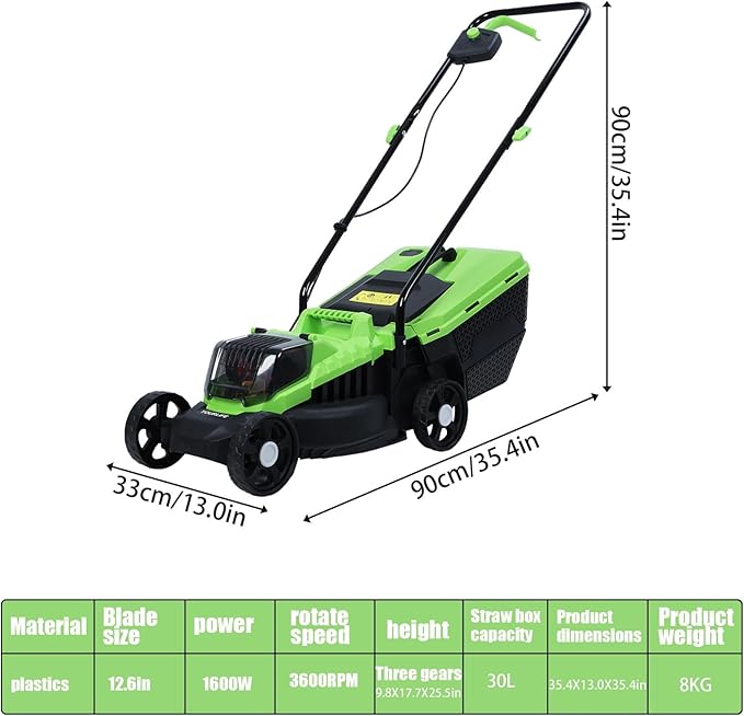Electric Lawn Mower 1600W Self-Propelled Lawn Mower Cordless Brushless with 30L Grass Tank Brushless Motor Three Adjustable Height 25 45 65mm 3600Rpm US Plug
