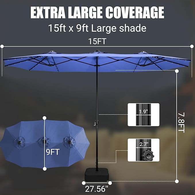 CHABATREE 14FT Large Patio Patio Umbrella with Base & Solar LED Lights - Double-Sided,Blue