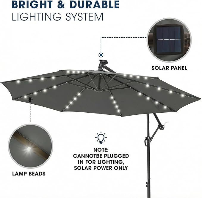wikiwiki 10ft Solar LED Offset Patio Umbrella, Outdoor Cantilever Patio Umbrellas with Solor Lights for Backyard, Poolside and Garden, Easy Tilt Adjustment, 32 LED Lights & Polyester Shade, Dark Gray