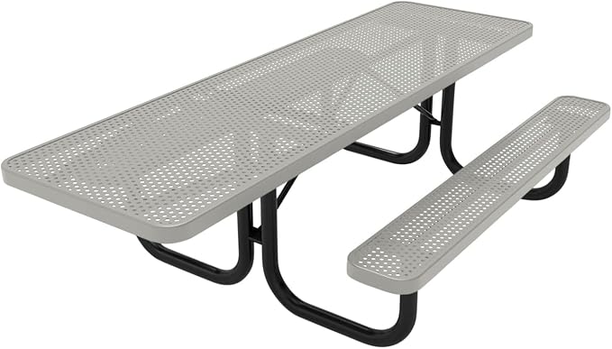 COATEDOUTDOORFURNITURE Heavy-Duty Portable ADA-Compliant Outdoor Picnic Table, Punched Steel Patio Dining Furniture Made in America (8ft Rectangular, One-Side Handicap, Textured Grey)