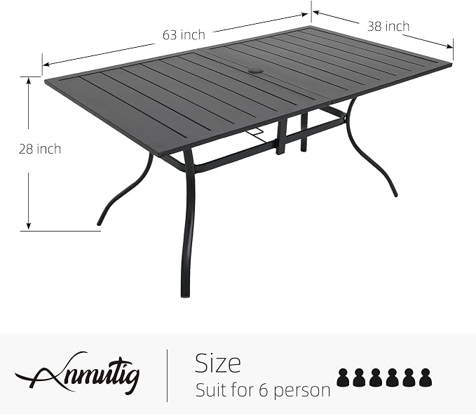 63"x38" Rectangle Outdoor Patio Dining Table with Umbrella Hole - 6 Person | 63" x 38" x 28" Rectangle Table, Slat Table Top, Black, Metal Top and Frame, 1.57"-1.9" Adjustable Umbrella Hole, All Weather