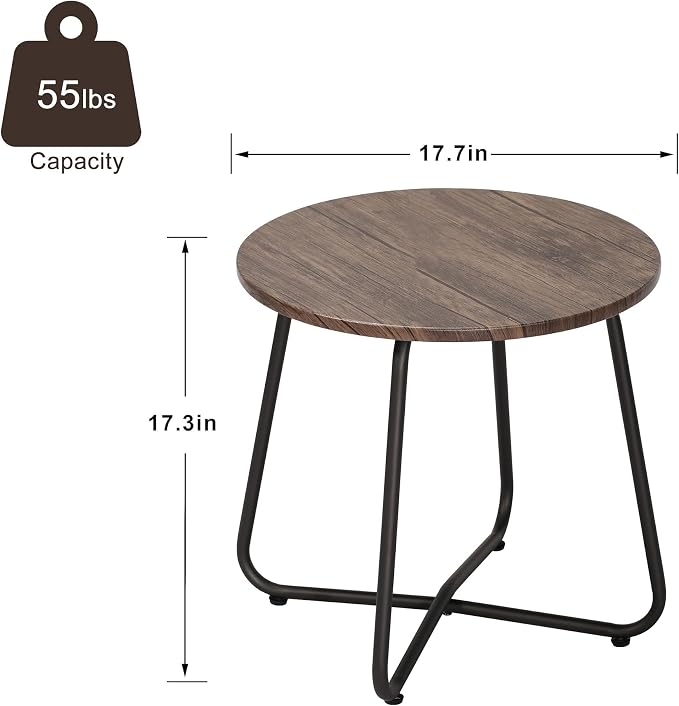 VECELO 17.7 inch Small Round Outdoor Side Table,Patio End Table,Waterproof Wood Table with Weather Resistant Steel Adjustable Feet for Living Room Bedroom Garden Yard Balcony Porch Poolside