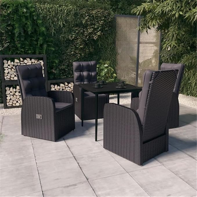 Afuera Living 5-Piece PE Rattan Patio Dining Set, Powder-Coated Steel Frame, Black Finish, Glass Top Table, Cushioned Chairs, Modern Space-Saving Design for Outdoor Garden, Patio, or Balcony Dining