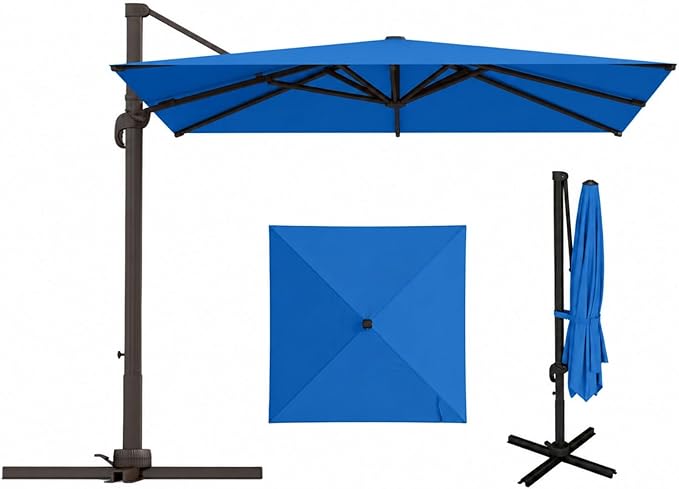 10'×10' Patio Umbrella, Aluminum Cantilever Umbrella with 360°Rotation, Offset Patio Umbrella with Easy Tilt Fade Resistance for Pool Deck Backyard, Royal Blue (Base not Included)