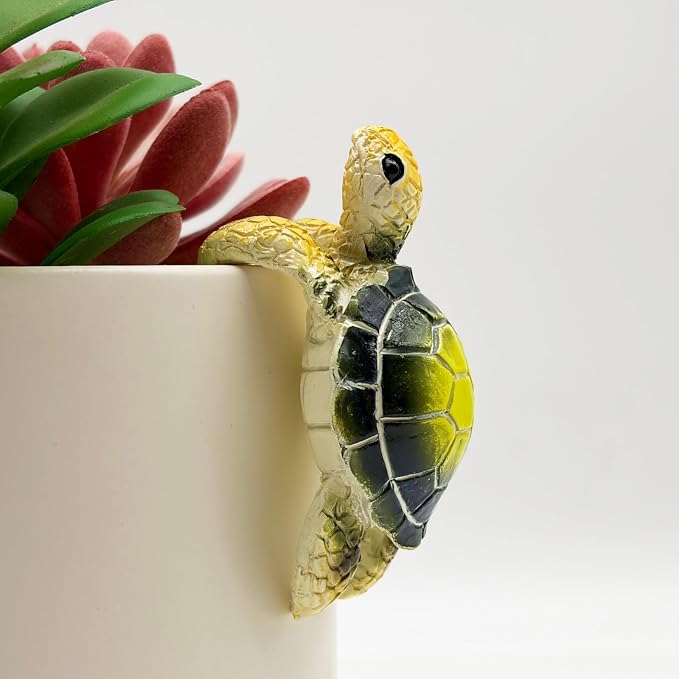 Cute Climbing Green Sea Turtle Flower Pot Hugger Figurines, Small Resin Hanging Tortoise Statue Planter Pot Decoration for Home Garden Fence Balcony Patio Lawn Yard Ornaments