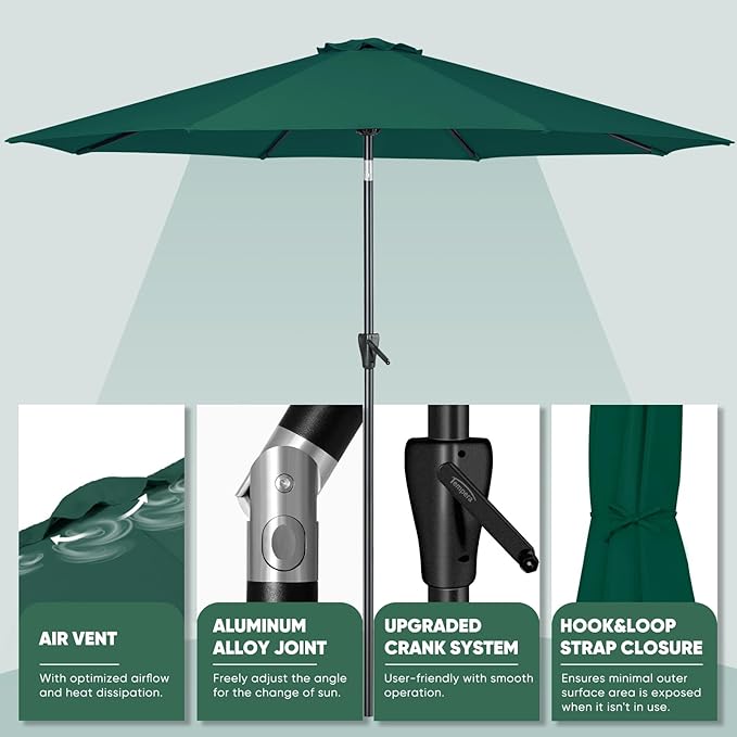 Tempera Patio Market Outdoor Table Umbrella with Push Button Tilt and Crank, Large Sun Umbrella with Sturdy Pole & Fade Resistant Canopy, Easy to Set