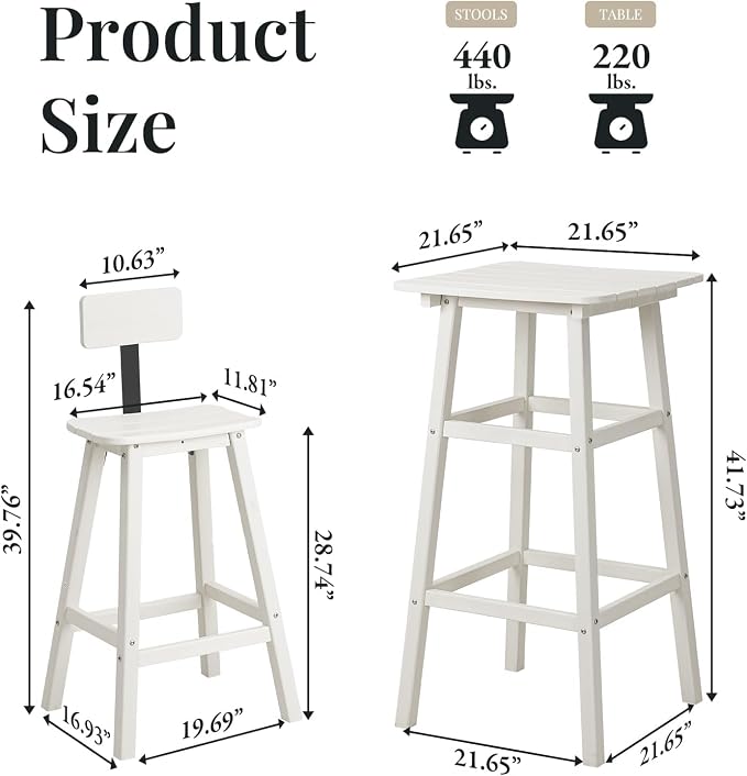 Bar Height Chairs Set of 2, HDPE Front Porch Chairs Set, Weather Resistance Outdoor Bar Stools Set for Spas, Cafes, Swimming Areas, Lodges and Hotels - White