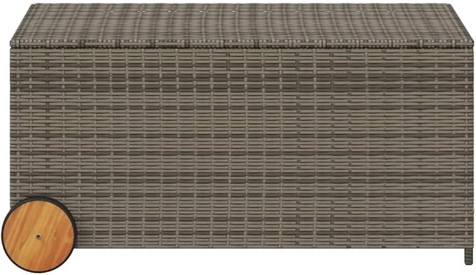 Outdoor Garden Storage Box with Wheels, Wicker Patio Deck Box, Outdoor Rattan Storage Container, Gray 50.2 Gal Poly Rattan