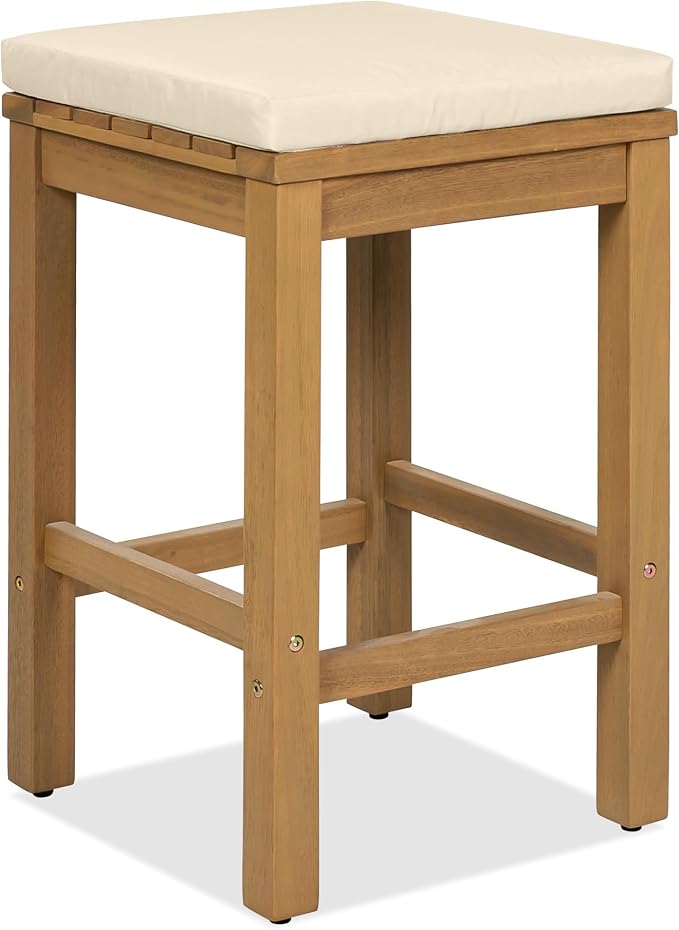 5 Piece Outdoor Bar Set, Patio Acacia Wood Bar Height Table & Four Stools with Cushions, Wood Dining Bar Set for Backyard, Poolside, Balcony
