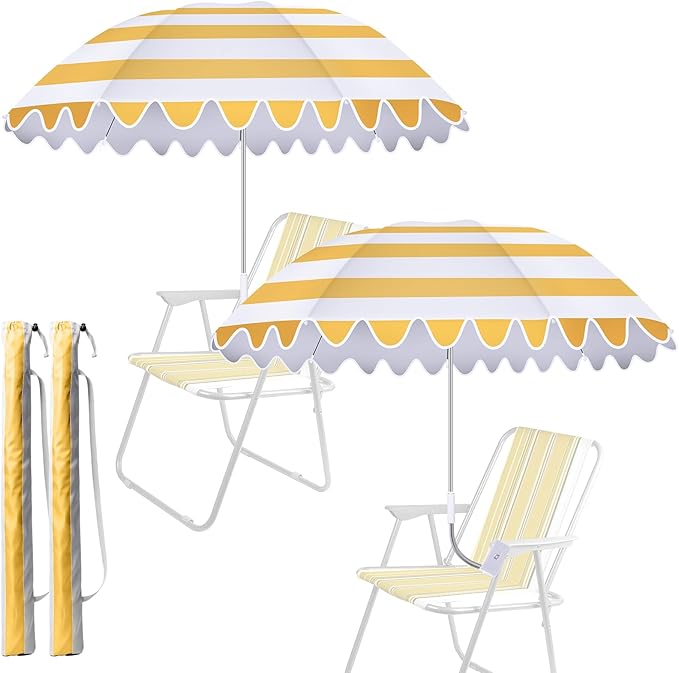 Abbylike 2 Pcs Scalloped Chair Umbrella with Universal Adjustable Clamp 38'' Portable Wheelchair Umbrella UPF 50+ Camping Chair Parasol with Bag for Outdoor Patio Lawn