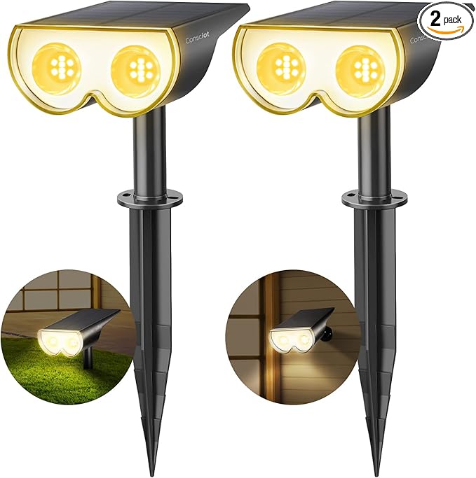 Consciot Solar Spot Lights Outdoor, 16 LEDs IP67 Waterproof Auto On/Off Landscape Spotlights, 2-in-1 Adjustable Wall Lights for Garden Yard Pathway, 2 Pack (Warm White)