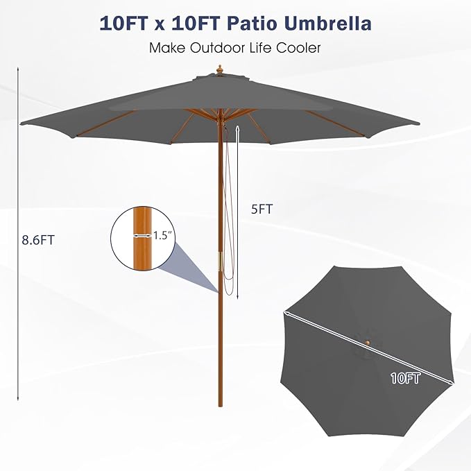 Giantex 10FT Patio Umbrella, Outdoor Table Market Umbrella with 8 Bamboo Ribs, Pulley Lift and Ventilation Hole, Outdoor Sunshade Umbrella for Poolside Backyard Beach