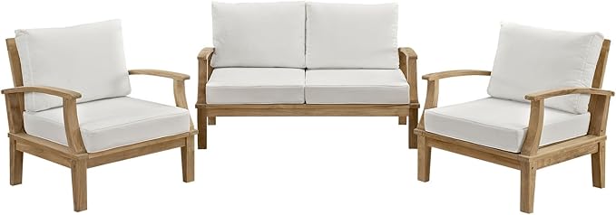 Modway Outdoor 3-Piece Marina Patio Teak Sofa Set, Natural White