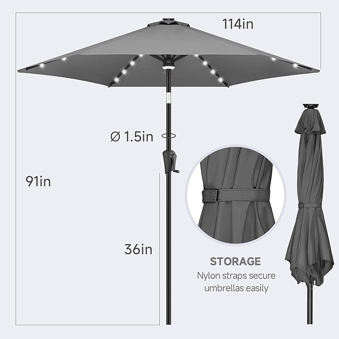 FLAME&SHADE 10ft Solar Outdoor Umbrella - 24 LED Lighted Patio Umbrella with Centre Surround Light, Table Umbrellas with Tilt & Crank for Pool, Porch, Garden, Deck, Backyard UV Protection (Anthracite)