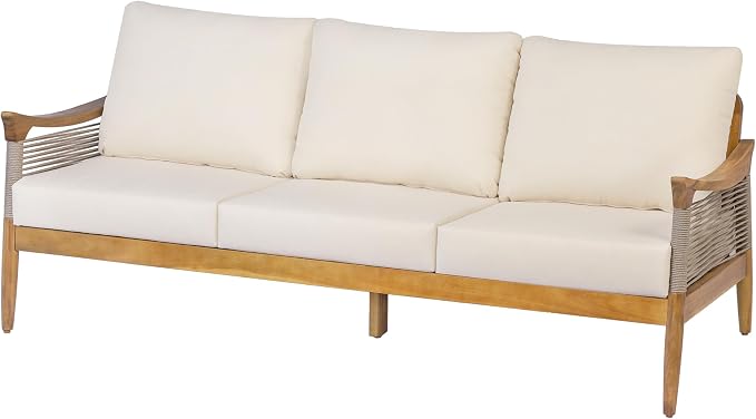 Merax Acacia Wood Patio 3-Seater Sofa with Rope & Cushions | Teak-Finish Acacia Frame, Woven Rope Design, 6-Inch Cushion And Deep Seating For Porch, Garden, Backyard Or Balcony