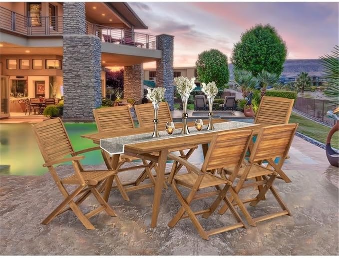 Pemberly Row 7-Piece Patio Dining Set, Rectangular Wood Table & 6 Folding Chairs, Natural Oil Finish, Lightweight Outdoor Furniture for Garden or Patio Dining with Small Gatherings, Easy to Store