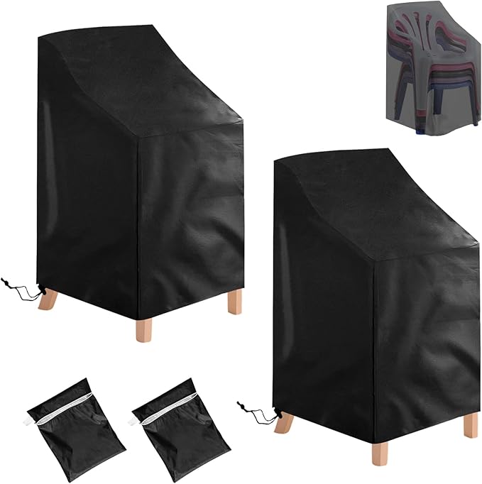 Waterproof Stackable Chair Covers, Uranshin Outdoor Patio Furniture Covers Stacked Chairs 210D Oxford Lounge Chair Covers Outdoor Stack Chairs for All Weather Protection (25"L x 25"W x 47”H (2PCS))