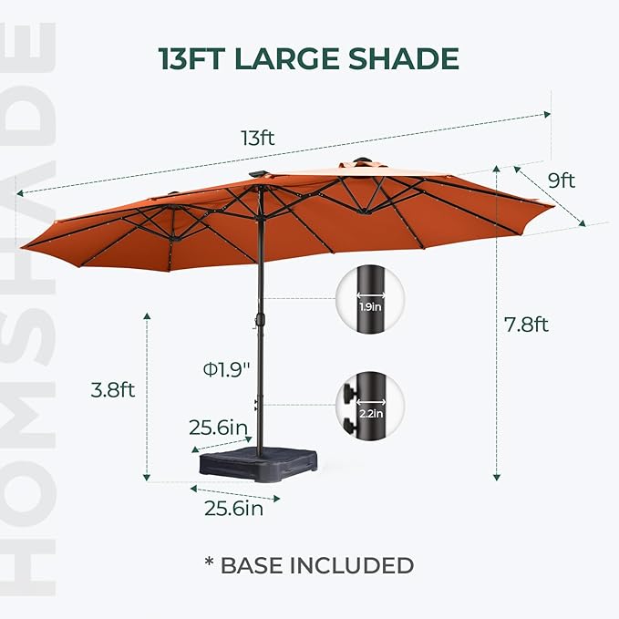 HOMSHADE Double Sided Patio Umbrellas - 13ft Solar Lights LED Lighted Outdoor Extra Large Market Table Umbrella with Base Included, Oversized Umbrella for Deck, Pool, Backyard
