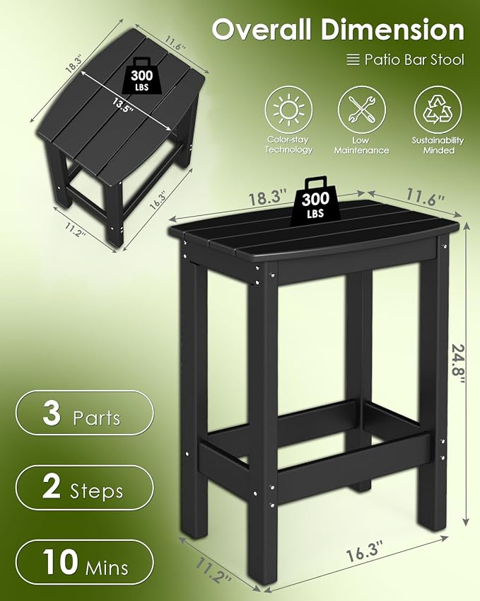 GREENVINES Outdoor-Bar-Stools-Set-of-2 | Patio Counter Height Backless Barstools | HDPE Plastic | 18" W x 13.5" D x 25" H | Chairs for Backyard Balcony Poolside | Black